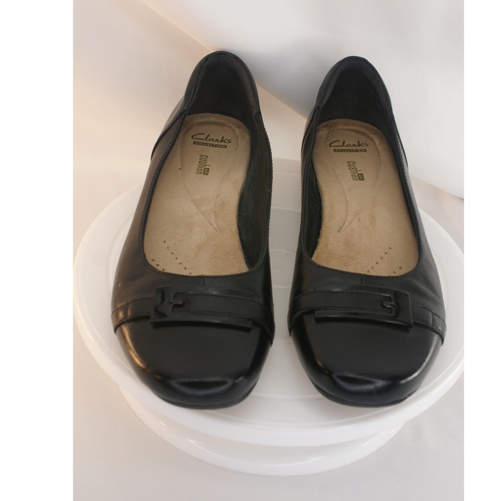 Clarks Collection Cushion Soft Black Leather Buckle Flats Shoes Womens 11 M